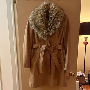Guess Women's Tan Coat with Faux Fur Collar (removable)